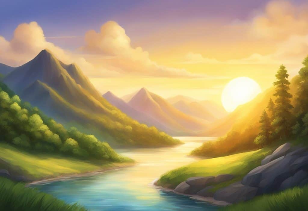 A golden sun setting behind a serene mountain, surrounded by lush greenery and flowing rivers