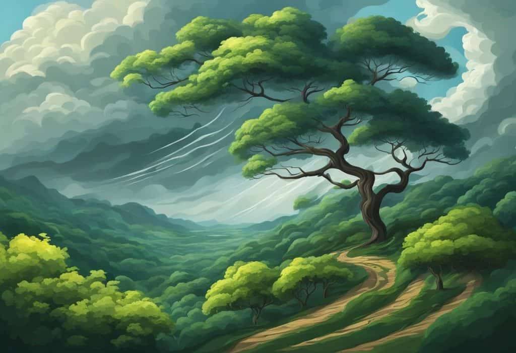 A stormy sky with swirling clouds and gusts of wind, trees bending and leaves rustling, depicting the energy and movement of the rajas guna