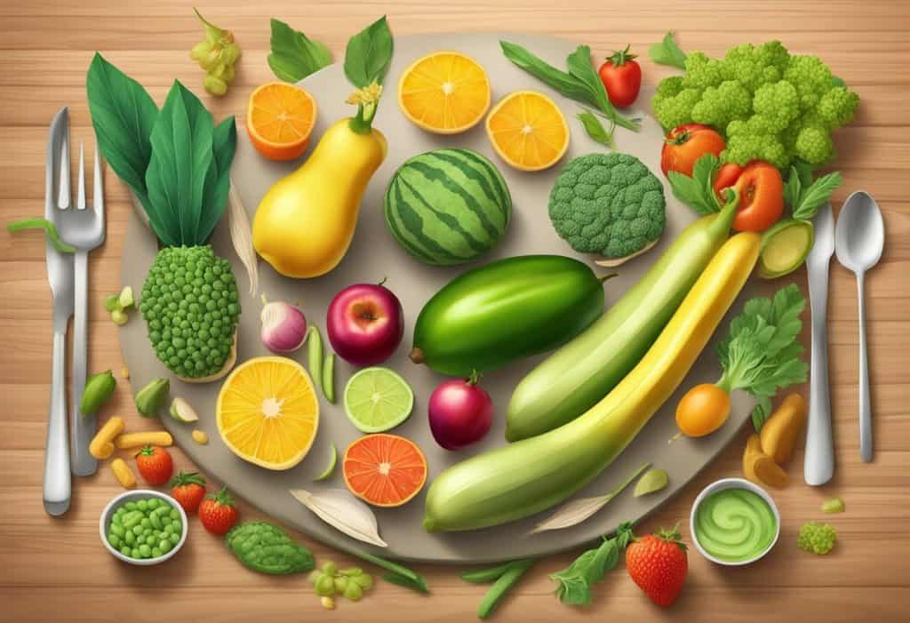 A table set with a variety of colorful fruits, vegetables, and grains, representing balance and harmony in the concept of "Dieta y Rajas rajas guna."