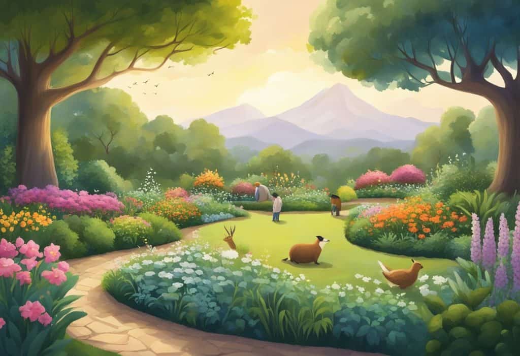 A serene landscape with a figure tending to a garden, surrounded by nature and animals