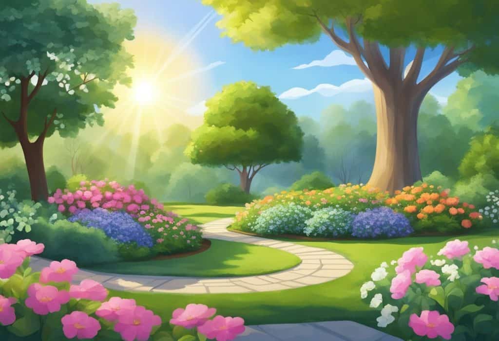 A serene garden with a tree in the center, surrounded by flowers and plants. The sun is shining, and there is a sense of tranquility and harmony in the air