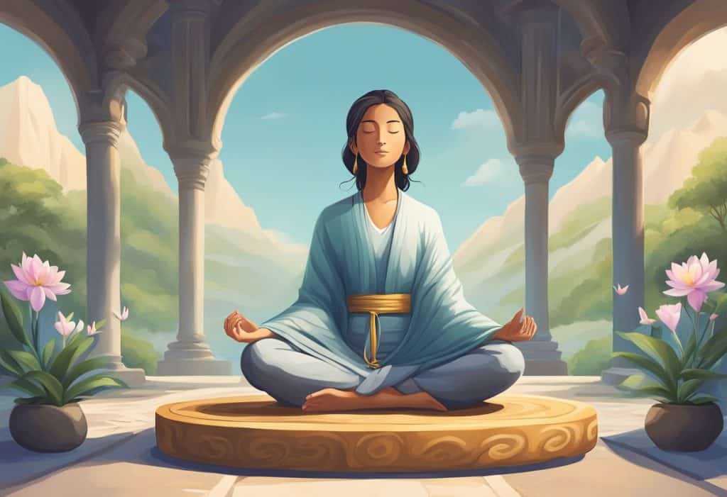 A serene figure meditates in a tranquil setting, surrounded by symbols of service and selflessness