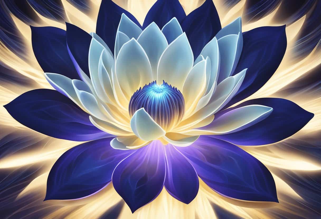A glowing indigo lotus flower radiates from the center, surrounded by swirling energy and illuminated by a beam of light