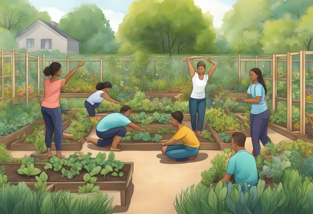 A group of people working together to build a community garden, with a sense of purpose and selflessness, embodying the principles of Karma Yoga