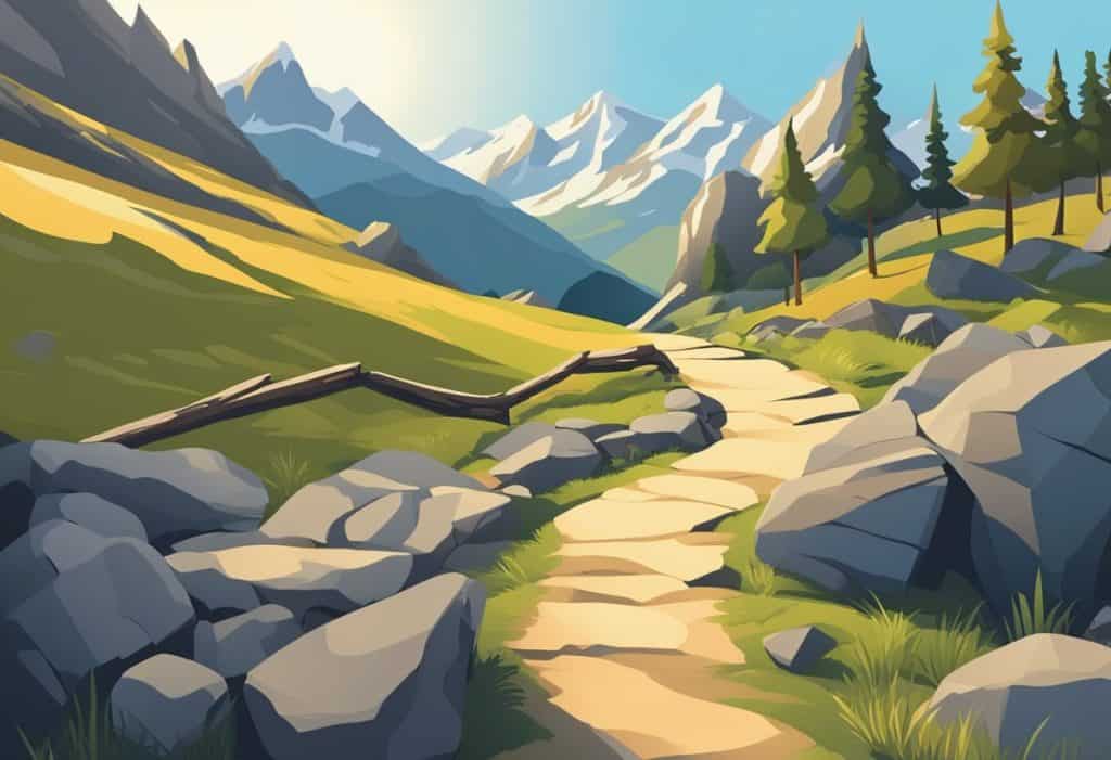 A winding path leads to a mountain peak, with obstacles like rocks and fallen trees. The sun shines brightly, casting long shadows