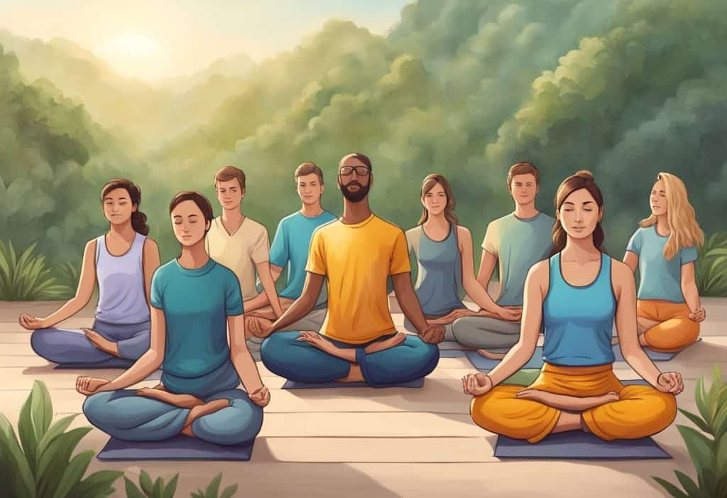 A group of people working selflessly, serving others with humility and dedication, embodying the principles of Karma Yoga