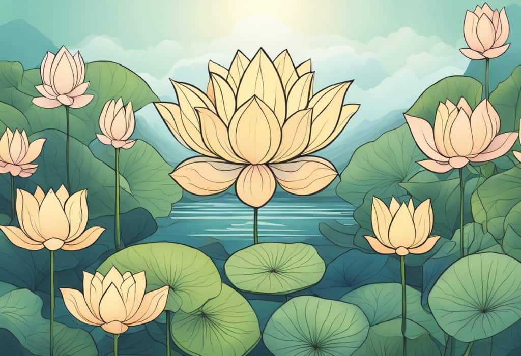 A serene lotus flower surrounded by the calming elements of nature, symbolizing the peaceful and balanced essence of sattva yoga