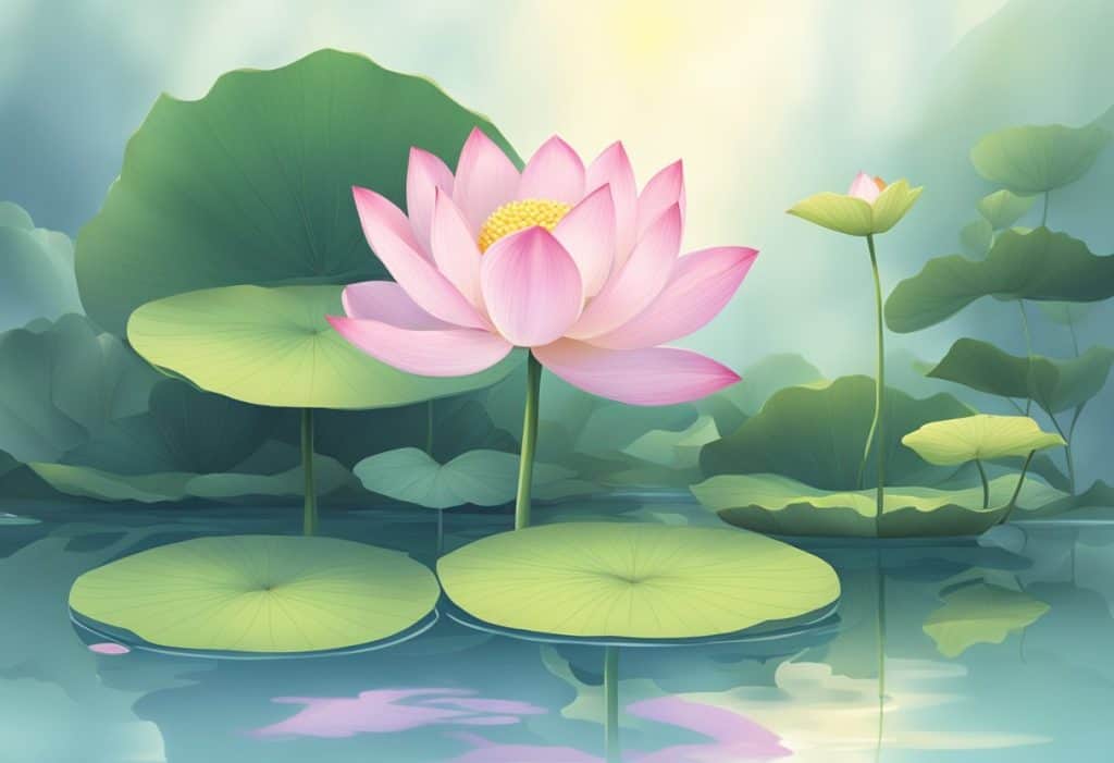 A serene lotus flower surrounded by calming elements like water, leaves, and soft lighting