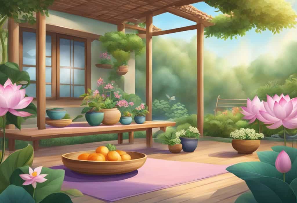 A serene garden with blooming lotus flowers, a tranquil yoga studio, and a table set with colorful, wholesome foods