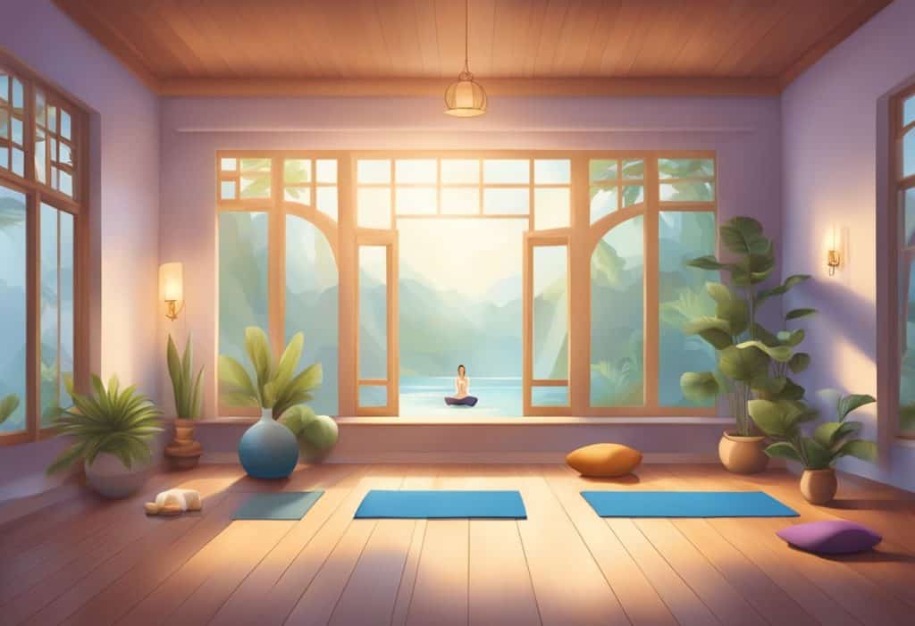 A serene yoga studio with soft lighting and calming music, adorned with symbols of peace and balance
