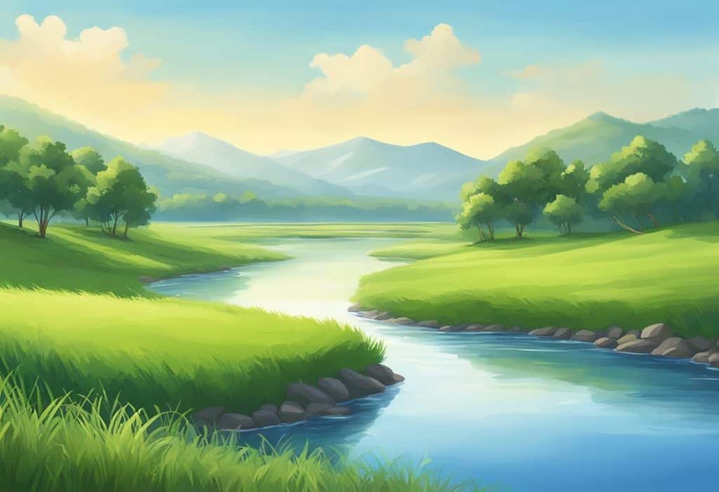 A serene, open field with a clear blue sky, surrounded by lush greenery and a calm, flowing river