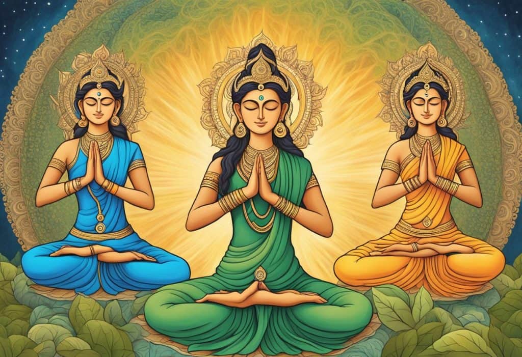 Three Gunas: sattva, rajas, and tamas, depicted as swirling energies intertwining and interacting, symbolizing the human experience in yoga philosophy