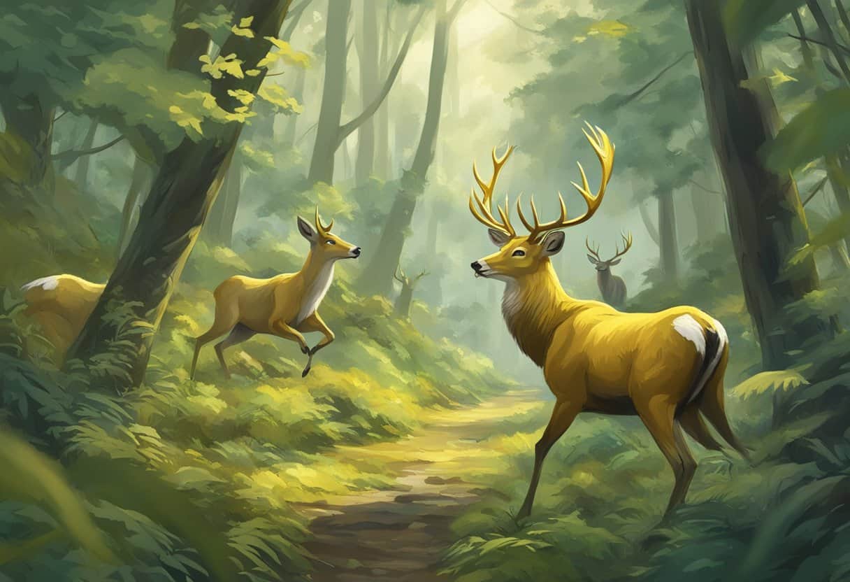 A golden deer frolics in a lush forest, while a fierce battle rages between two armies in the background