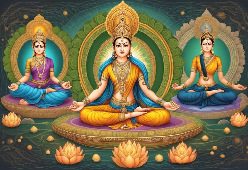 The three gunas, sattva, rajas, and tamas, intertwine like swirling energies, influencing the balance of yoga and daily life