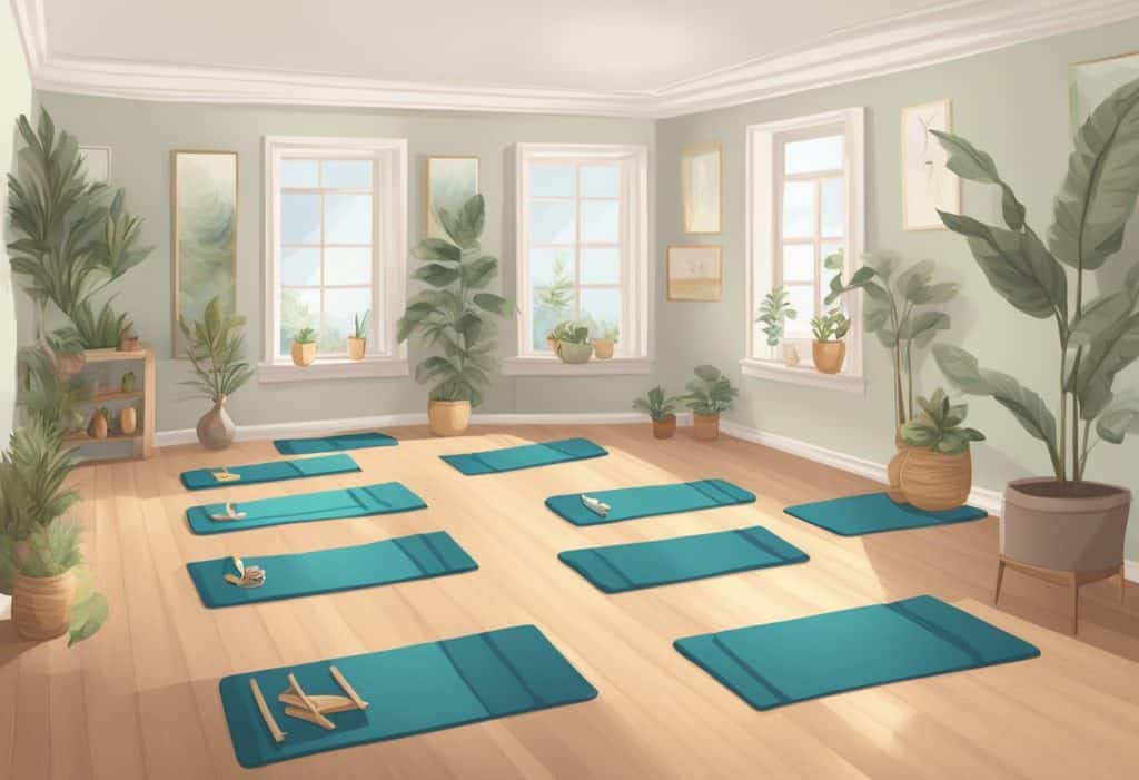 A serene yoga studio with a sign reading "Frequently Asked Questions: Gunas Yoga" displayed prominently. Mats and props neatly arranged