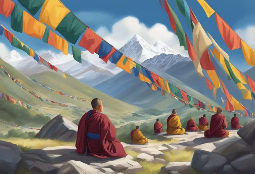 Tibetan monks meditating in a serene mountain setting with prayer flags fluttering in the wind