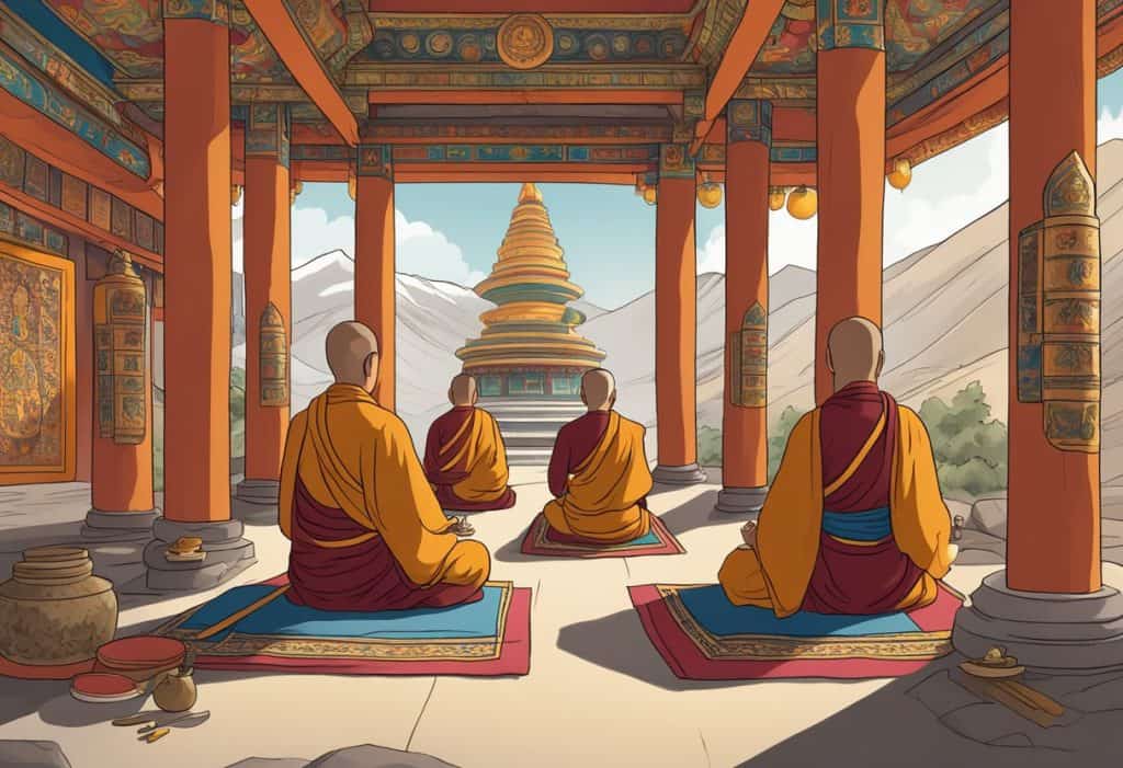 Tibetan Buddhist monks meditating in a serene temple setting with traditional symbols and prayer flags