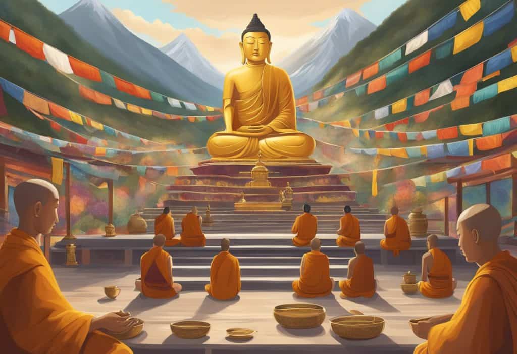 Tibetan monks meditate in a serene mountain temple surrounded by prayer flags and incense, with a golden Buddha statue as the focal point
