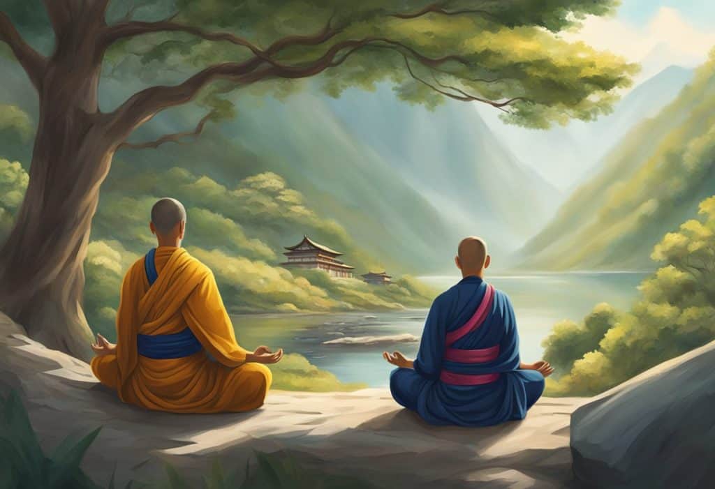 Tibetan monks meditating in a tranquil setting for mental well-being and mental health