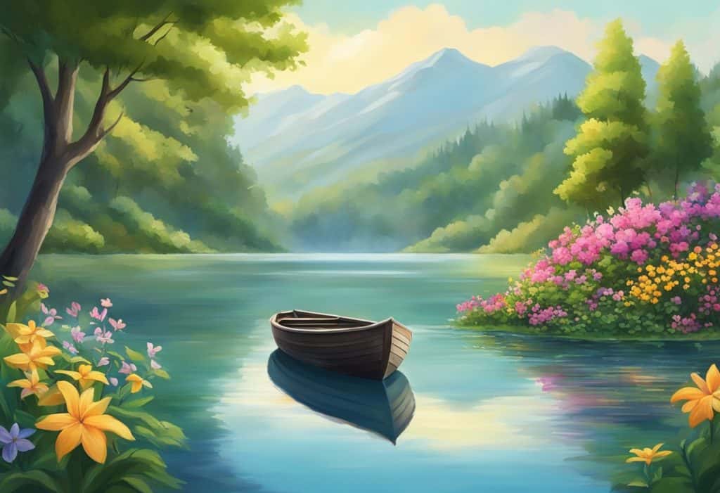 A tranquil lake surrounded by lush greenery and colorful flowers, with a small boat gently gliding across the water