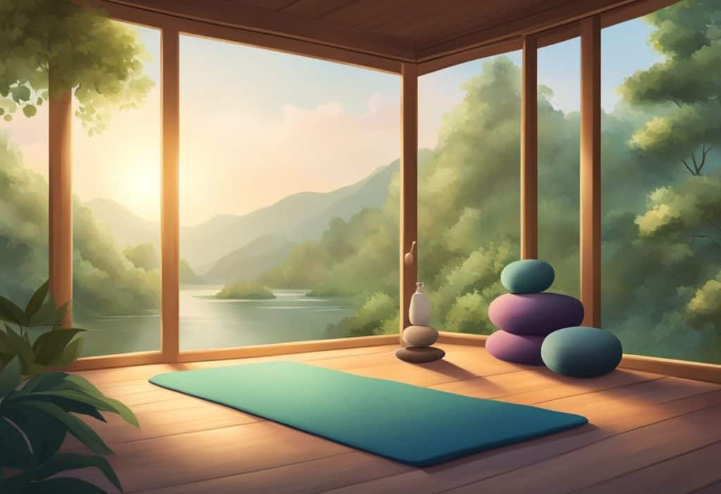 A serene setting with soft lighting, a yoga mat, and meditation cushions, surrounded by nature and tranquil surroundings