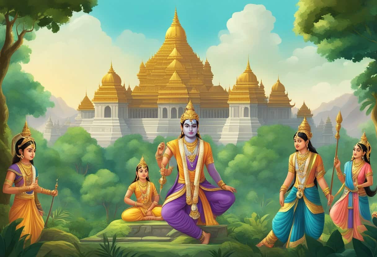 The main characters of the Ramayana in a lush forest setting with a grand palace in the background