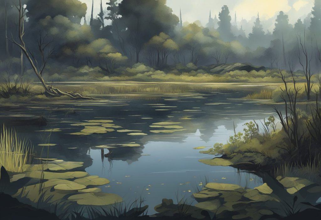 A dark, heavy atmosphere surrounds a stagnant pond, with wilting plants and decaying debris. The air is still, and a sense of lethargy and inertia permeates the scene