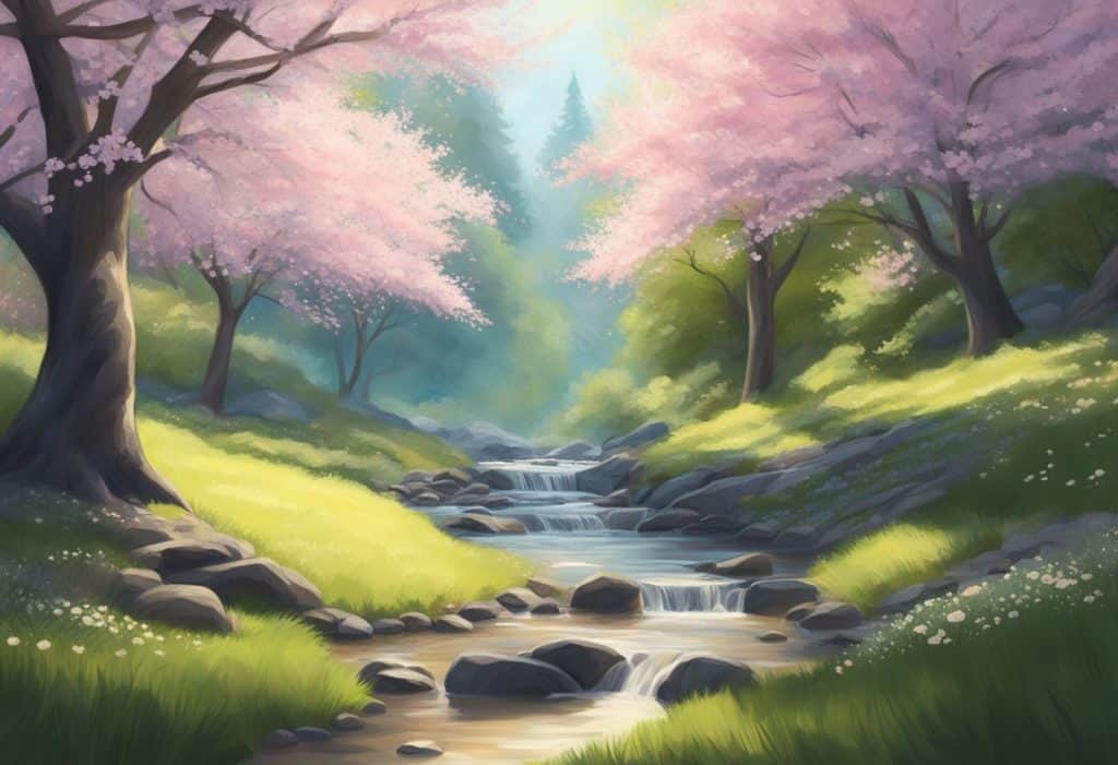 A tranquil forest clearing with dappled sunlight, a bubbling stream, and a lone cherry blossom tree in bloom