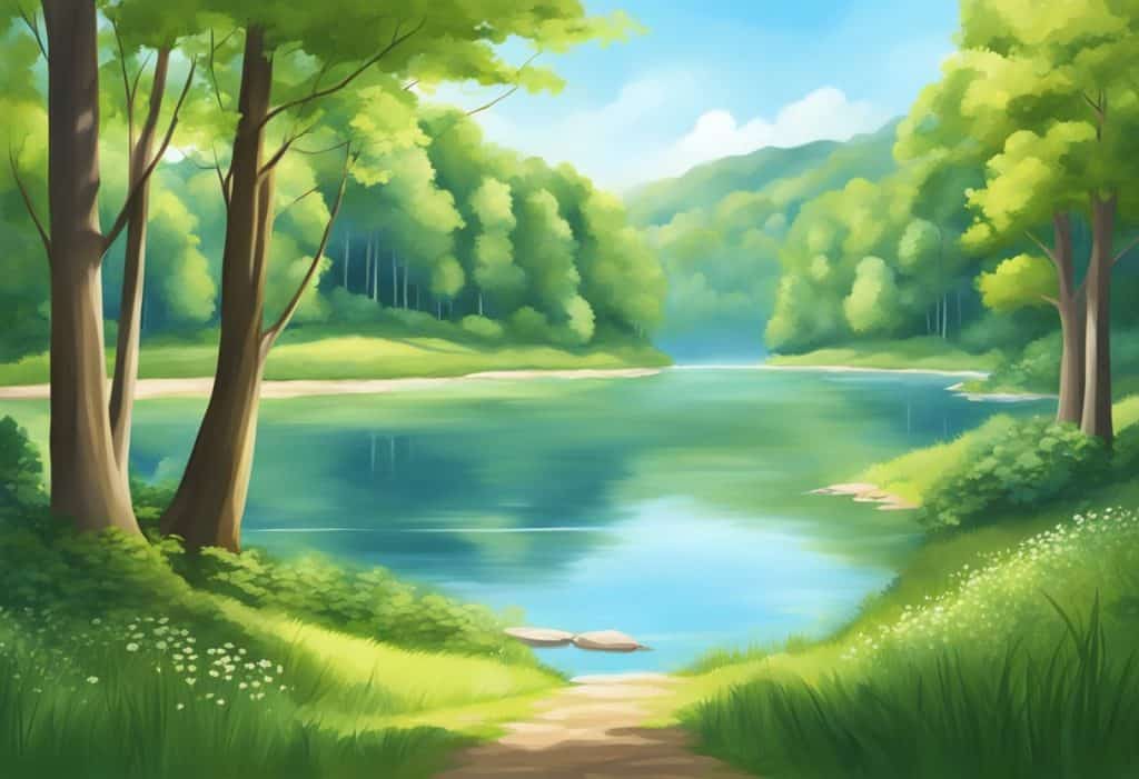 A serene landscape with a calm lake, surrounded by lush green trees and a clear blue sky