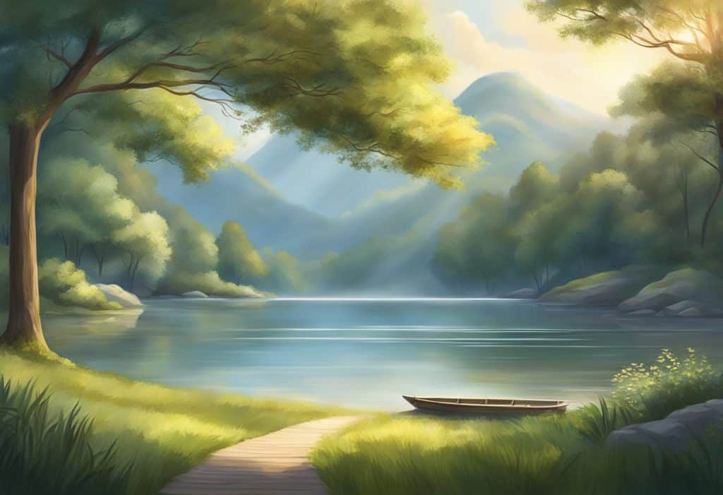 A serene setting with a peaceful atmosphere, featuring natural elements like trees, water, and gentle sunlight, conveying a sense of mindfulness and tranquility