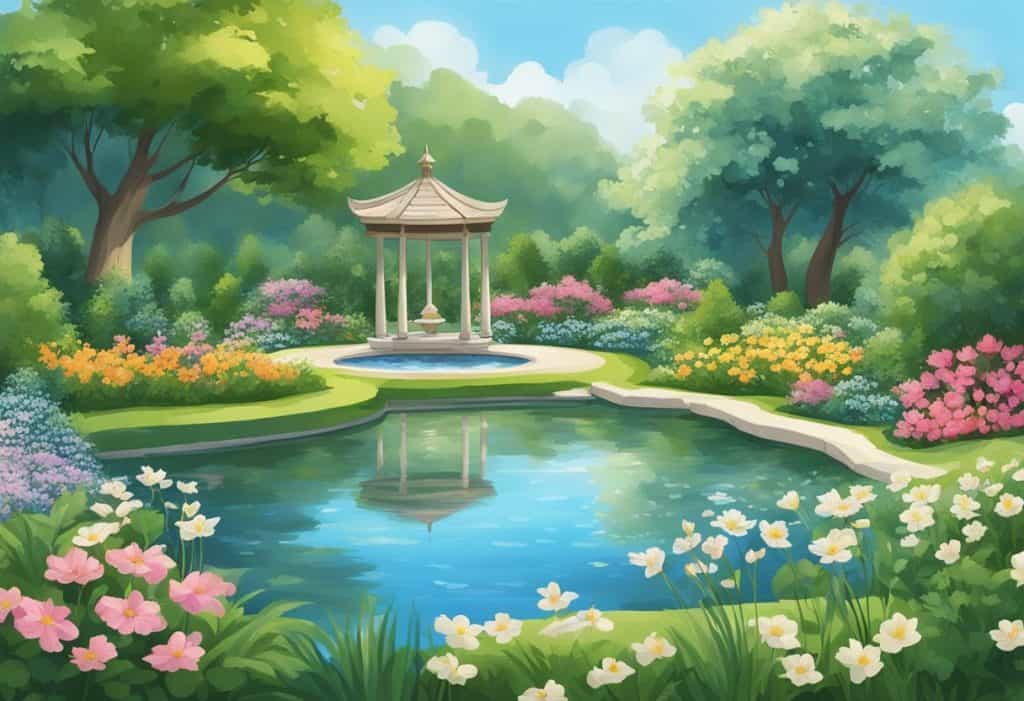 A serene garden with a peaceful pond, surrounded by blooming flowers and lush greenery, under a clear blue sky