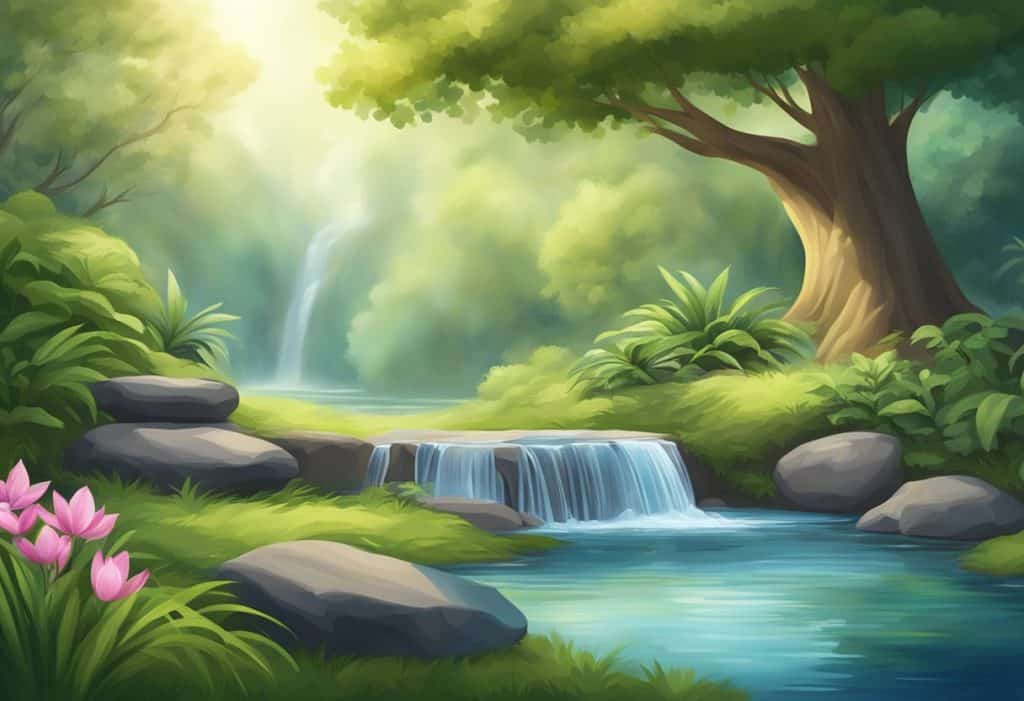 A serene setting with nature elements, like a tranquil forest or peaceful garden, with symbols of mindfulness, such as a meditation cushion or a calming waterfall