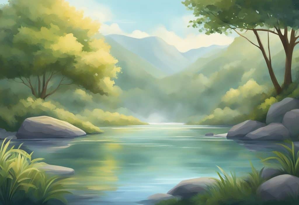 A serene setting with a peaceful atmosphere, featuring symbols of mindfulness and tranquility, such as a meditation cushion, a calming nature scene, and a gentle, soothing color palette