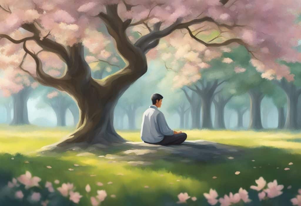 A serene figure meditates under a tree, surrounded by stillness and tranquility