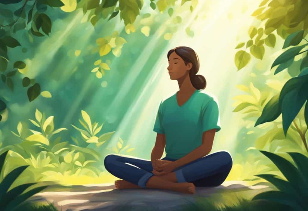 A serene figure sits cross-legged, surrounded by nature. Rays of sunlight filter through the leaves, casting a peaceful glow on the scene