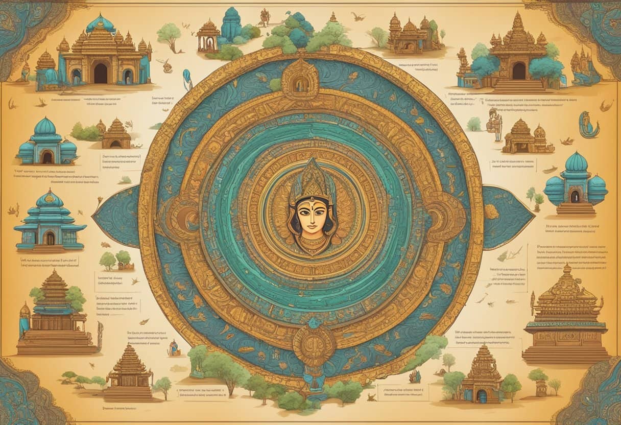 The Ramayana FAQ page with a list of questions and answers, surrounded by traditional Indian motifs and symbols