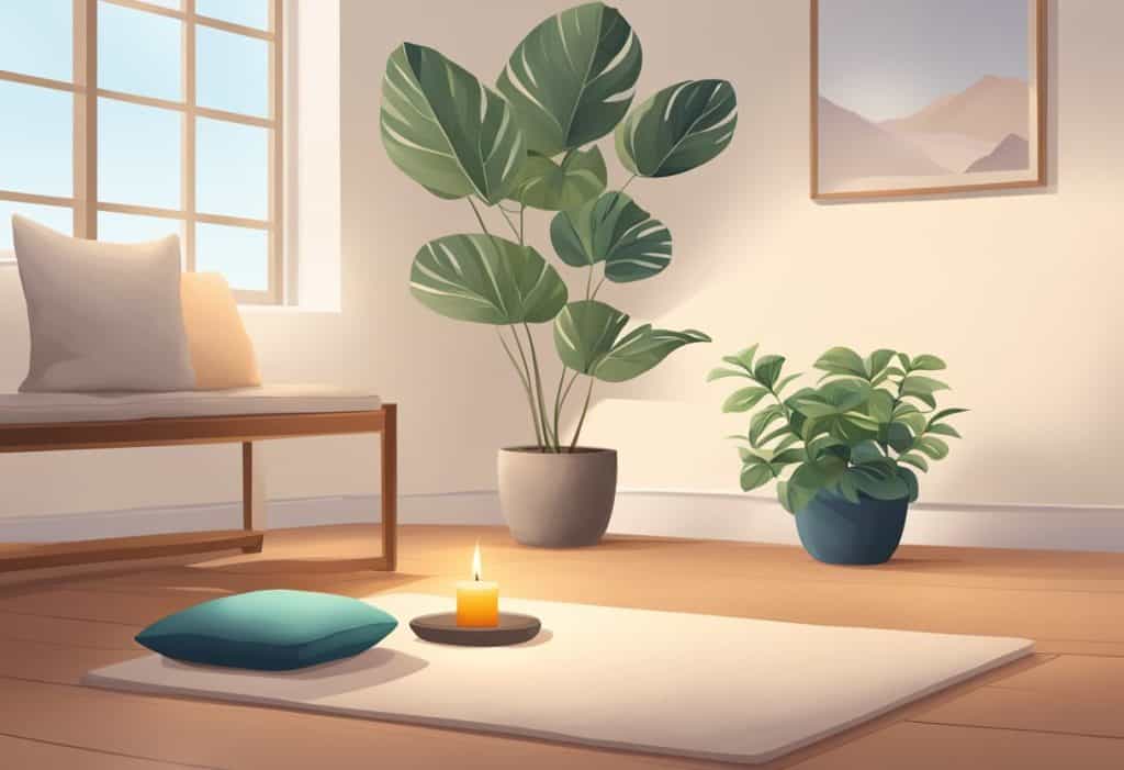 A serene setting with a cushion on the floor, a lit candle, and a potted plant, creating a peaceful atmosphere for meditation