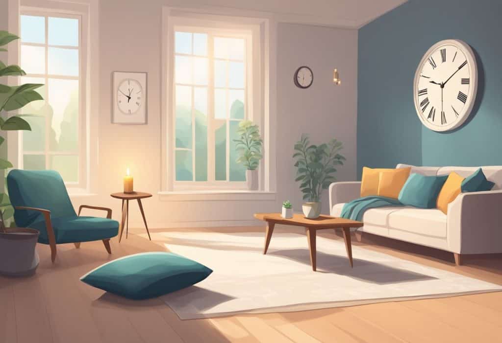 A serene room with soft natural light, a cushion on the floor, and a small table with a lit candle. A clock on the wall shows the passing of time