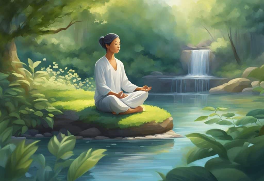 A serene figure meditates in a peaceful garden, surrounded by lush greenery and the gentle sound of flowing water