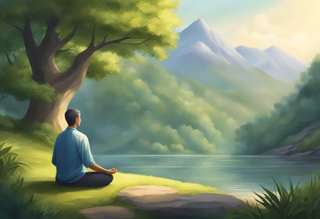 A serene figure meditates in a peaceful setting, surrounded by nature and tranquil atmosphere