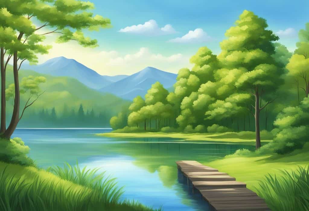 A serene nature scene with a calm lake, vibrant green trees, and a clear blue sky, evoking a sense of peace and tranquility