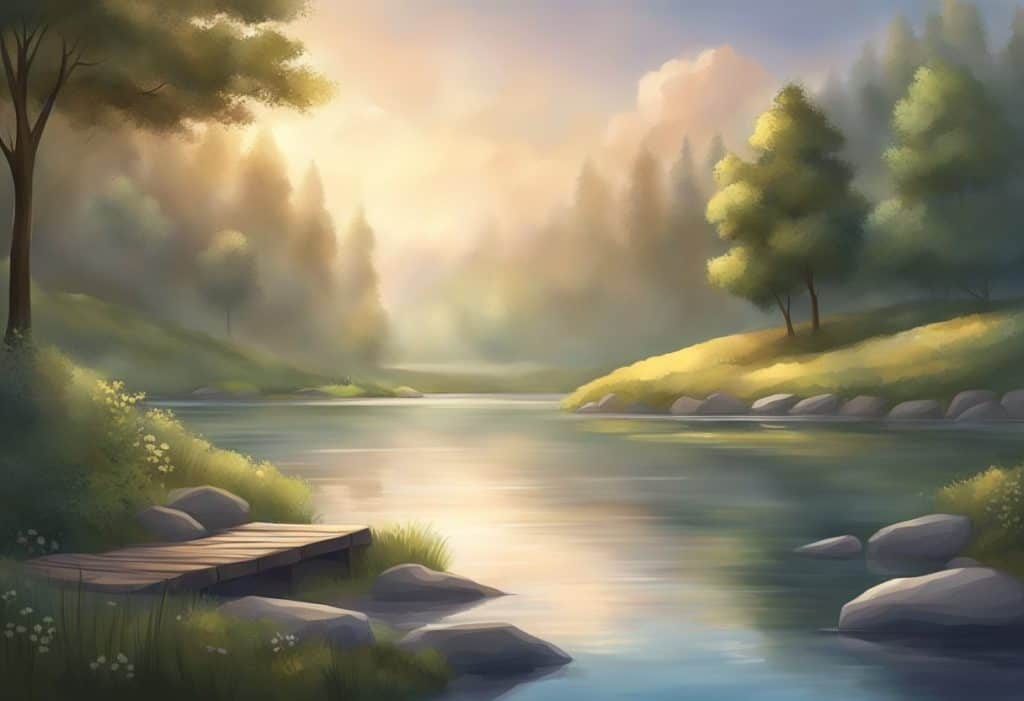 A serene, meditative setting with a peaceful atmosphere, featuring calming elements like nature, soft lighting, and a sense of tranquility