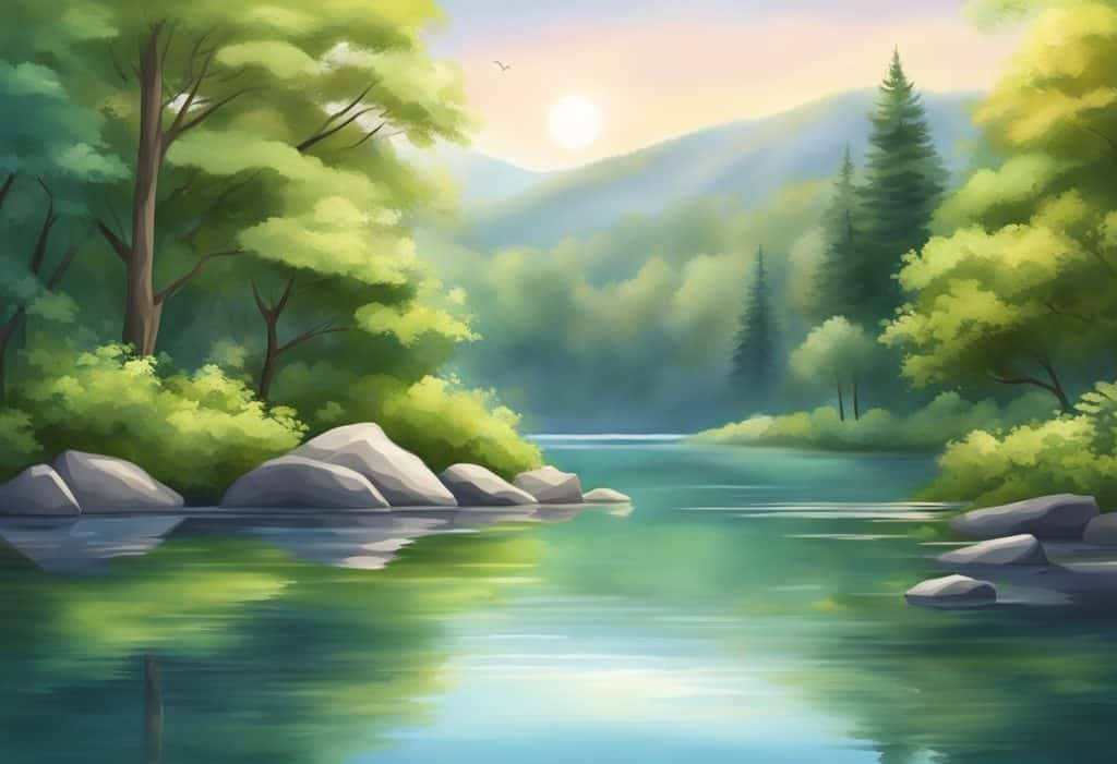 A serene setting with calming nature elements like a peaceful lake, gentle breeze, and lush greenery, creating a sense of tranquility and mindfulness for anxiety relief