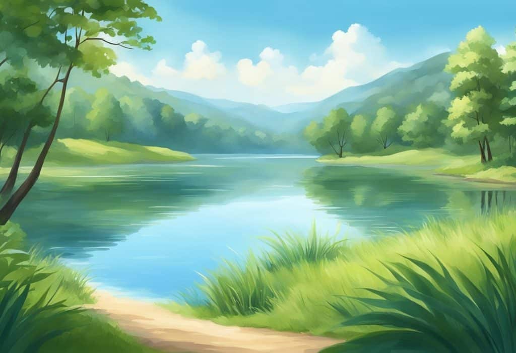 A serene landscape with a peaceful lake surrounded by lush greenery, with a clear blue sky and gentle breeze, evoking a sense of calm and tranquility