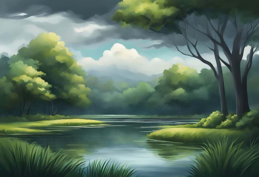 A tranquil setting with a calm, still pond surrounded by lush greenery, evoking a sense of mindfulness and peace, while dark, ominous clouds loom overhead, representing anxiety and fear