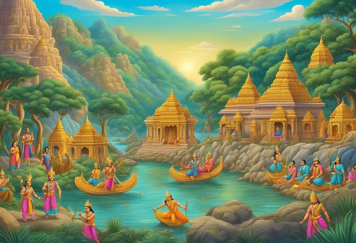 The epic Ramayana's origins and history depicted in a vibrant, detailed illustration