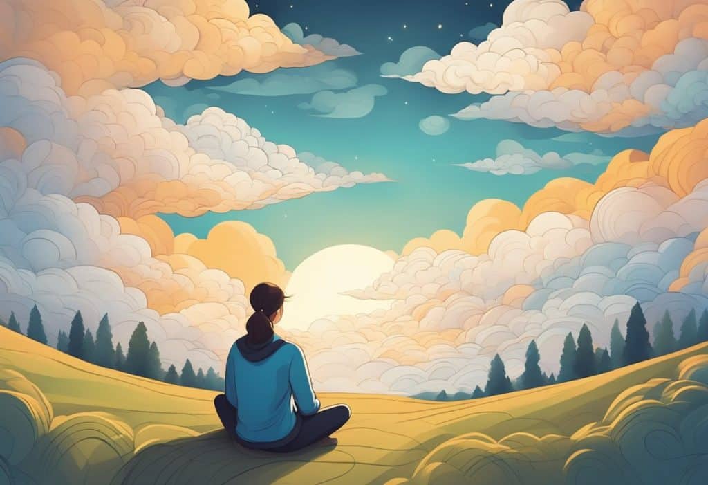 A person sits in a peaceful setting, surrounded by swirling clouds of anxiety and fear. They practice mindfulness, calmly observing the emotions without being overwhelmed