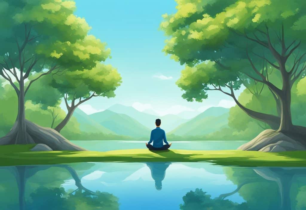 A serene landscape with calm water, green trees, and a clear blue sky. A person meditating peacefully in the center, surrounded by a sense of tranquility and peace