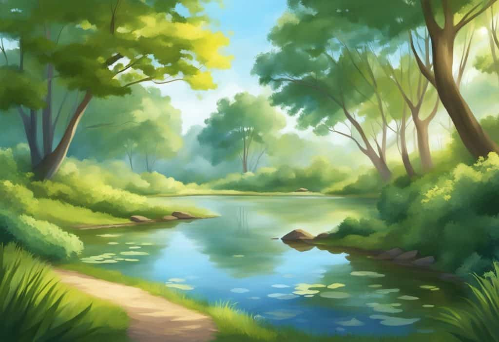 A serene landscape with a peaceful pond surrounded by lush greenery, with a clear blue sky and gentle sunlight filtering through the trees