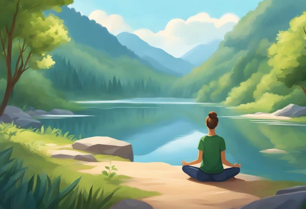 A serene setting with a calm atmosphere, surrounded by nature, with a person practicing mindfulness to overcome anxiety and fear